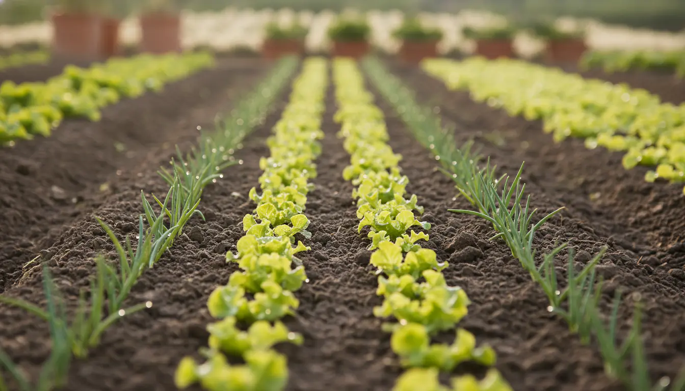 Jeunes plants de légumes alignés et régulièrement espacés au potager