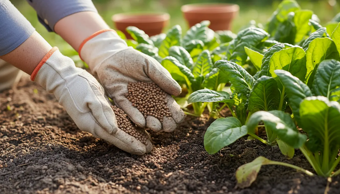Épandage d'engrais granulé au pied de légumes au potager