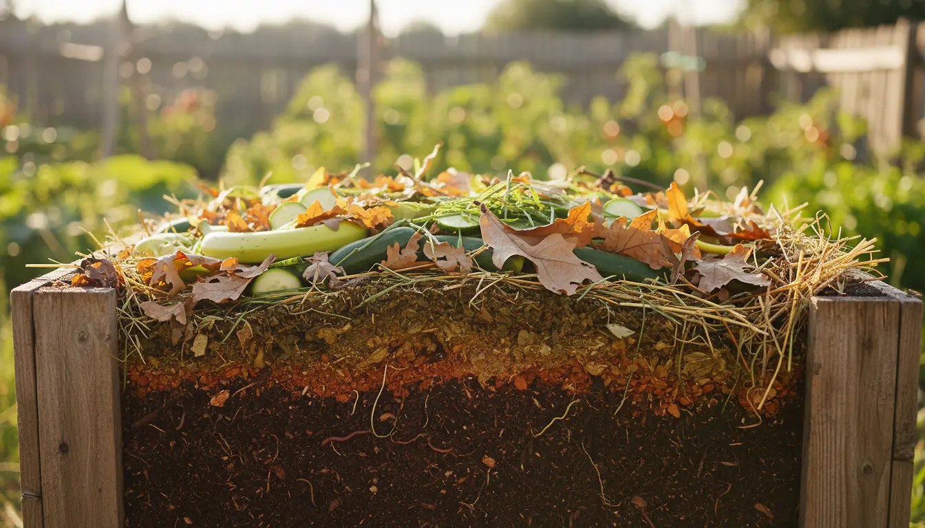 Composteur de jardin avec couches de matières vertes et brunes