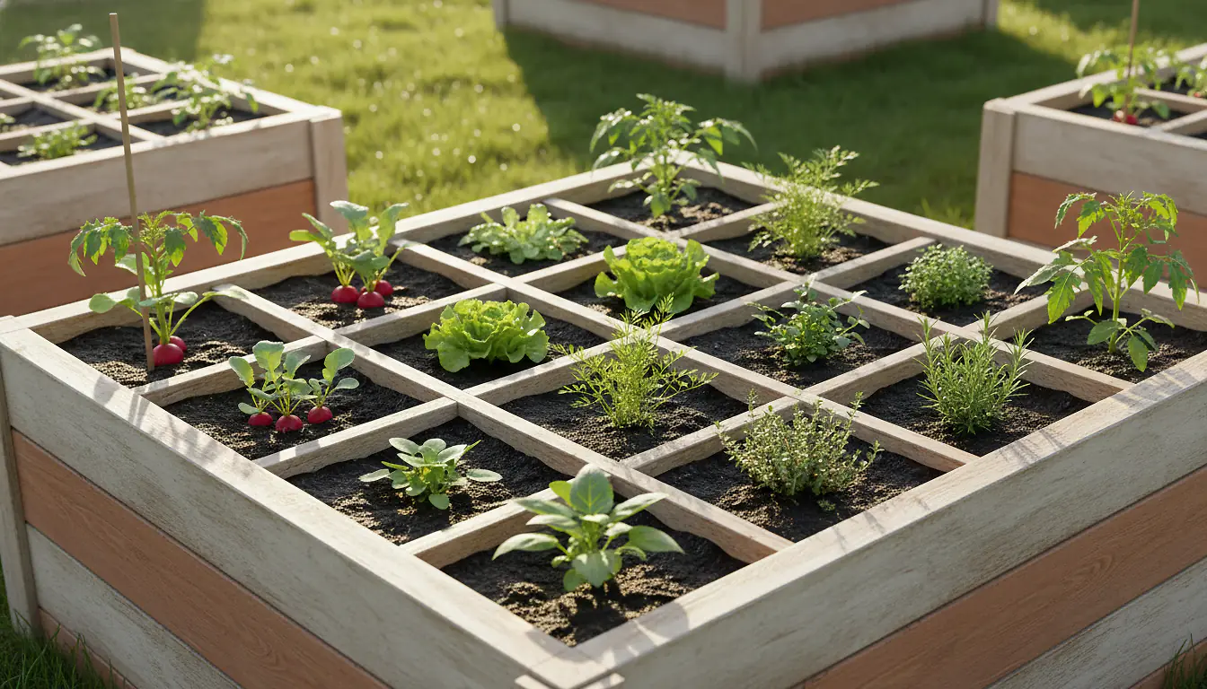 Potager en carré en bois divisé en cases plantées