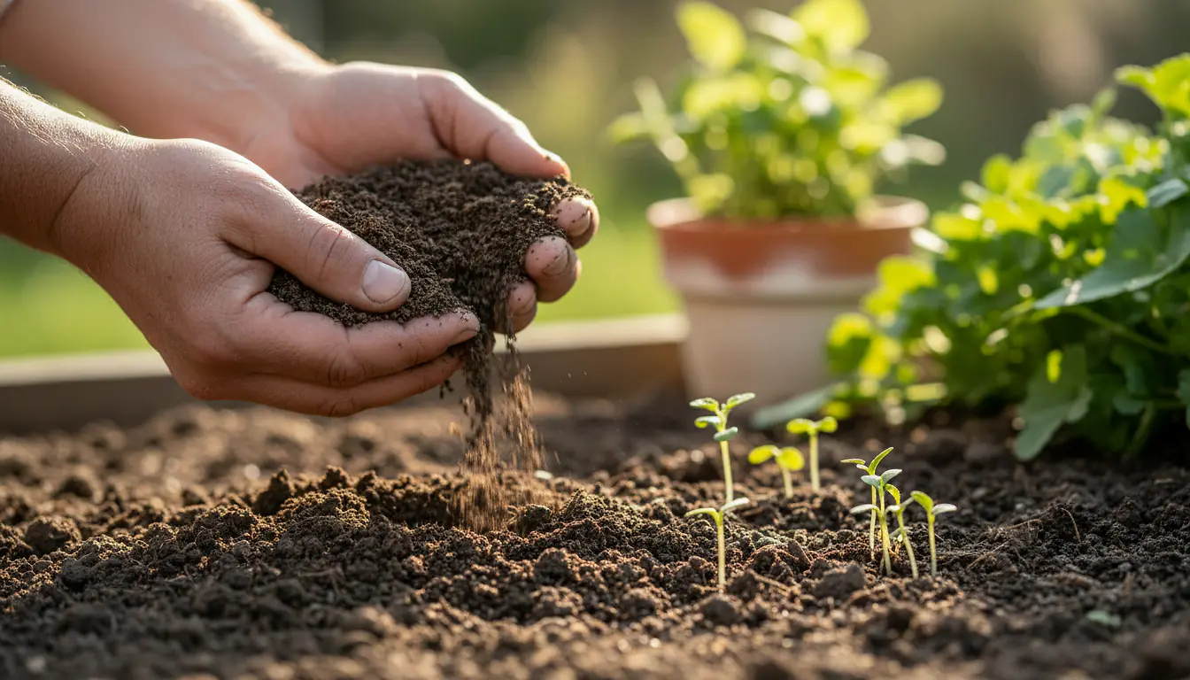 Mains tenant de la terre de jardin riche et sombre