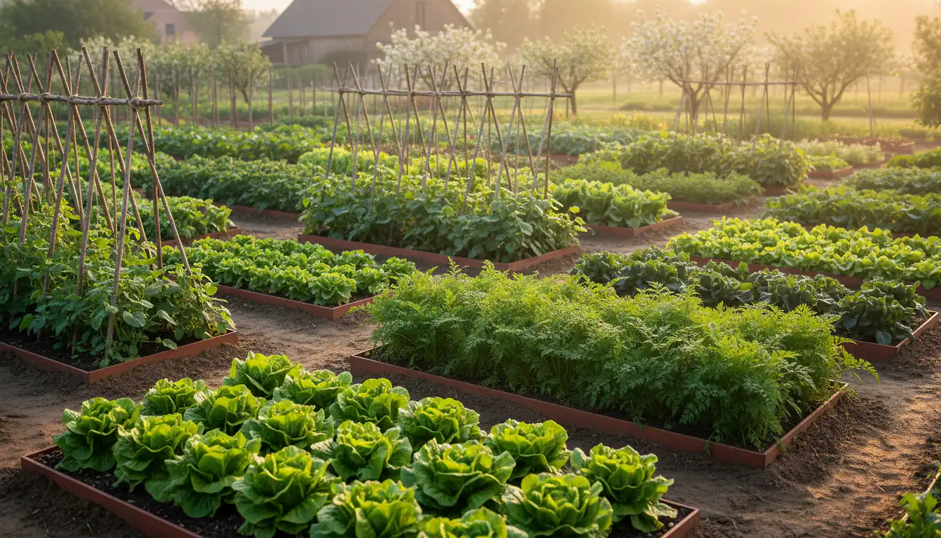 Planches de potager cultivées en bandes de légumes variés